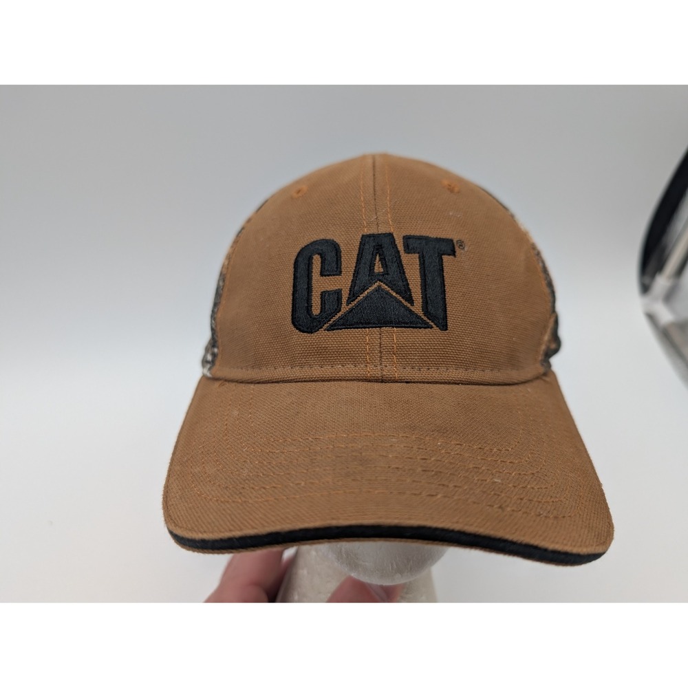 CAT Caterpillar Mens Canvas Brown Camo Mesh Back Trucker Hat Adjustable Logo Cap